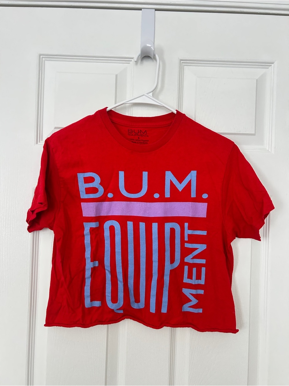 B.U.M. Equipment | Vintage Women's Red Short Sleeve Logo Tee | Raw Hem Crop Top